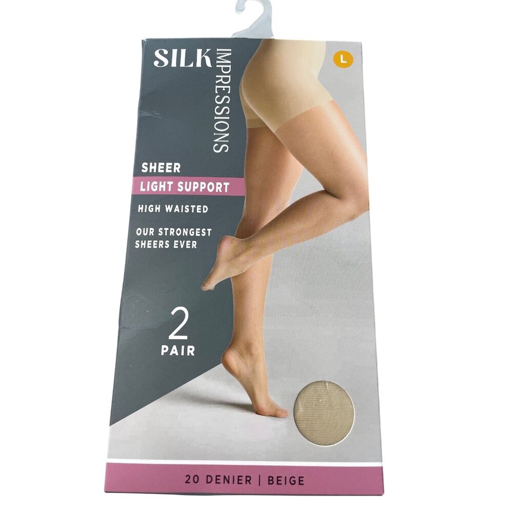 Silk Impressions Tights Size Large Light Support Sheer Beige 20 Denier 2Pair NEW